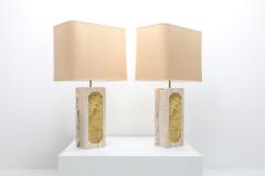 Georges Mathias George Matthias Pair of Brass Etched and Travertine Lamps 1970s - 1213294
