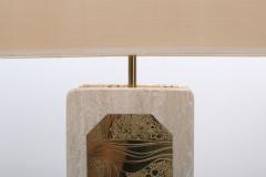 Georges Mathias George Matthias Pair of Brass Etched and Travertine Lamps 1970s - 1213298