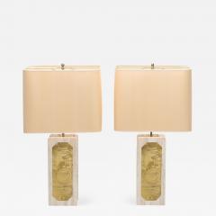 Georges Mathias George Matthias Pair of Brass Etched and Travertine Lamps 1970s - 1214149