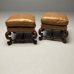 Georgian Cabriole Leg Ottomans Tan Leather Wood USA 2000s - 3478625