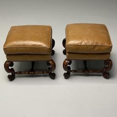 Georgian Cabriole Leg Ottomans Tan Leather Wood USA 2000s - 3478632