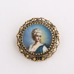 Georgian Enameled Hand Painted Portrait Brooch W 14 Karat Gold Setting - 3473749