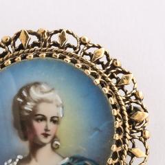 Georgian Enameled Hand Painted Portrait Brooch W 14 Karat Gold Setting - 3473752