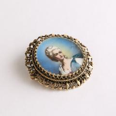 Georgian Enameled Hand Painted Portrait Brooch W 14 Karat Gold Setting - 3473754