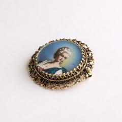 Georgian Enameled Hand Painted Portrait Brooch W 14 Karat Gold Setting - 3473758