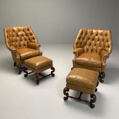 Georgian Large Tufted Lounge Chairs and Ottomans Tan Leather USA 2000s - 3468200