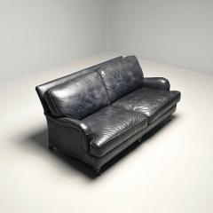 Georgian Rolled Scroll Arm Library Blue Leather Sofa Sette George Smith Style - 3392786