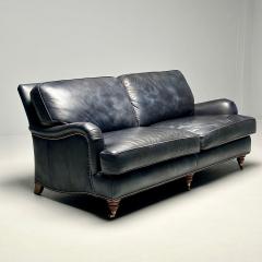 Georgian Rolled Scroll Arm Library Blue Leather Sofa Sette George Smith Style - 3392789