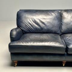 Georgian Rolled Scroll Arm Library Blue Leather Sofa Sette George Smith Style - 3392791