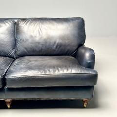 Georgian Rolled Scroll Arm Library Blue Leather Sofa Sette George Smith Style - 3392792