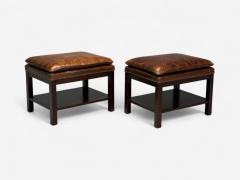 Georgian Style Distressed Brown Leather Mahogany Ottomans USA 20th C  - 4131807