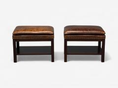 Georgian Style Distressed Brown Leather Mahogany Ottomans USA 20th C  - 4131808