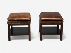 Georgian Style Distressed Brown Leather Mahogany Ottomans USA 20th C  - 4131810