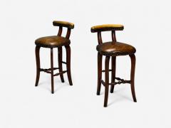 Georgian Style Distressed Brown Leather Stained Wood Six Bar Stools 20th C  - 4139371