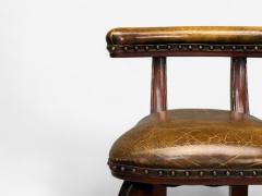 Georgian Style Distressed Brown Leather Stained Wood Six Bar Stools 20th C  - 4139372