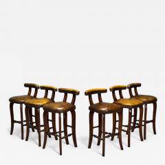 Georgian Style Distressed Brown Leather Stained Wood Six Bar Stools 20th C  - 4139838