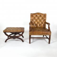 Georgian Style Tufted Ochre Leather Armchair and Stool English Circa 1920 - 3388709