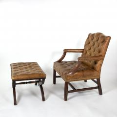 Georgian Style Tufted Ochre Leather Armchair and Stool English Circa 1920 - 3388710