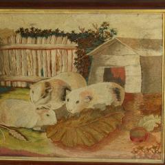 Georgian Woolwork Embroidered Picture of Guinea Pigs - 3171227