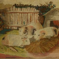 Georgian Woolwork Embroidered Picture of Guinea Pigs - 3171228
