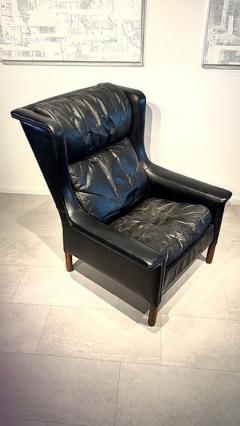 Gerhard Berg Rare Norwegian Modern Black Leather and Teak Wing Chair Gerhard Berg - 4757504