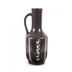 German Mid Century Vertical Vine Design Black Glazed Ceramic Handled Vase - 4720802