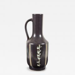 German Mid Century Vertical Vine Design Black Glazed Ceramic Handled Vase - 4720803