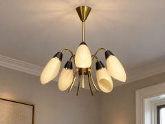 German Modern Five Light Chandelier Brass Metal Glass Germany 1950s - 4802509
