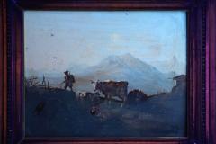 German School Alpine Landscape with Hiker and Livestock 19th Century - 4804856