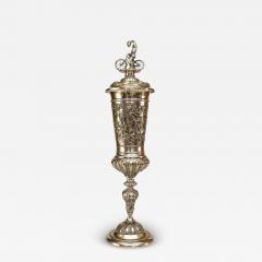 German silver plate chalice with floral relief and bicycle rider finial on lid - 4230694