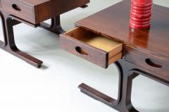 Gianfranco Frattini Rare pair of coffee tables with curved wooden uprights and two drawers  - 3335894