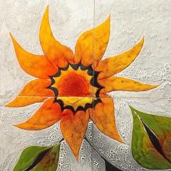 Gilbert Valentin Modernist Ceramic Tile Wall Plaque of Sunflowers Signed Gilbert Valentin - 4720226