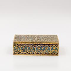 Gilt Brass and Blue Enamel Cigarette Box with Floral and Geometric Decoration - 4613453