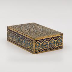 Gilt Brass and Blue Enamel Cigarette Box with Floral and Geometric Decoration - 4613457