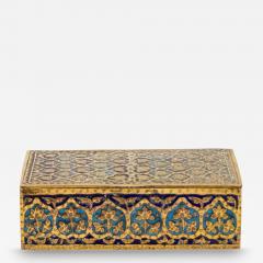 Gilt Brass and Blue Enamel Cigarette Box with Floral and Geometric Decoration - 4613815
