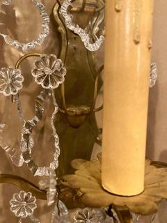 Gilt Bronze and Crystal Three Light Wall Sconces French Early 20th Century Pair - 1280966