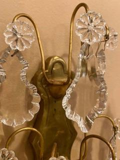 Gilt Bronze and Crystal Three Light Wall Sconces French Early 20th Century Pair - 1280969