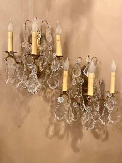 Gilt Bronze and Crystal Three Light Wall Sconces French Early 20th Century Pair - 1280971