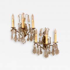 Gilt Bronze and Crystal Three Light Wall Sconces French Early 20th Century Pair - 1281576