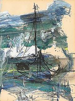 Gino Hollander Mid Century Ink Acrylic Abstracted Painting of Sailboat by Gino Hollander - 3900491