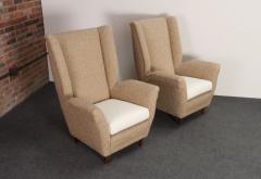 Gio Ponti Pair of Italian Modernist High Back Lounge Chairs in Two Tone Boucl and Walnut - 4611619