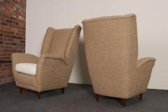Gio Ponti Pair of Italian Modernist High Back Lounge Chairs in Two Tone Boucl and Walnut - 4611621