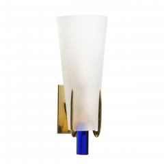 Gio Ponti Pair of Mid Century Cobalt Frosted Glass Conical Sconces with Brass Fittings - 1801991