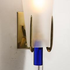 Gio Ponti Pair of Mid Century Cobalt Frosted Glass Conical Sconces with Brass Fittings - 1801997