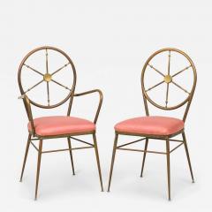 Gio Ponti Set of 4 Gio Ponti Italian Ships Wheel Brass Frame Rose Pink Upholstered Chairs - 2789765