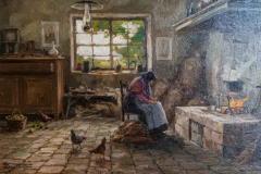 Giuseppe Gheduzzi Italian Giuseppe Gheduzzi Oil on Panel Painting of Woman in Front of a Fireplace - 3650483