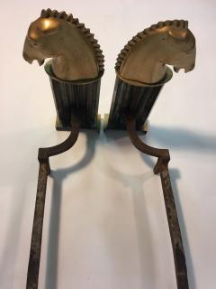 Glamorous Pair of Art Deco Bronze and Aluminum Horsehead Andirons - 430775