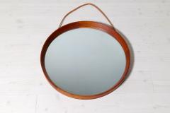 Glas Tr Hovmantorp Midcentury Round Mirror in Leather and Teak by Glas Tr Hovmantorp in Sweden - 2936790