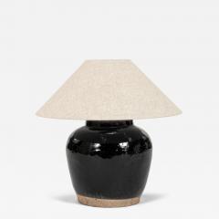 Glazed Black Lamp with Natural Color Linen Shade - 4464271