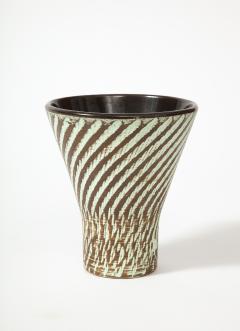 Glazed Brown and White Ceramic Sgraffito Vase c 1950 - 3055345